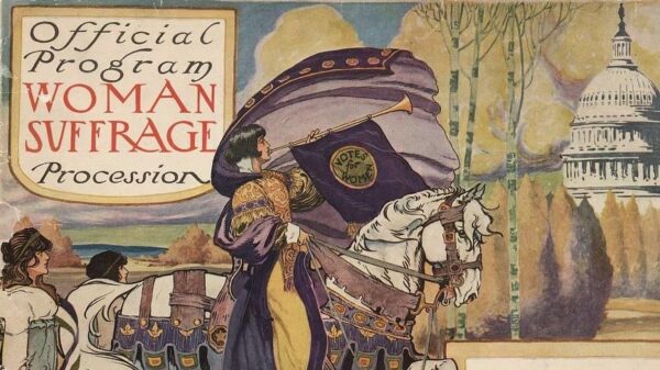 A poster with a herald riding a horse and text reading: Official Program Woman Suffrage Procession